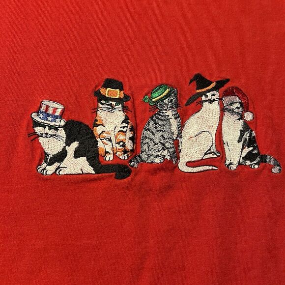 VTG Womens M Peanut Butter & Jelly Holiday Embroidered Red Cat Shirt USA - Picture 8 of 9